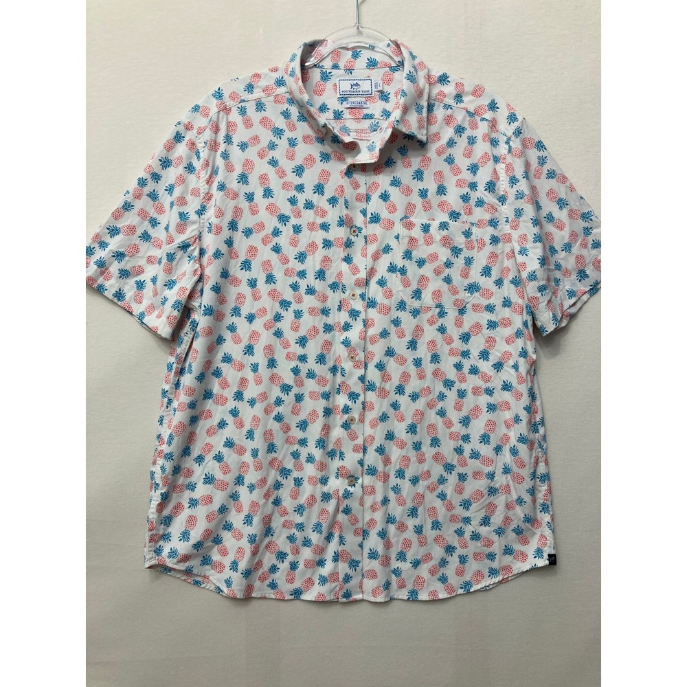 Southern Tide Intercoastal Shirt Large White Pineapple Print Short Sleeve Button